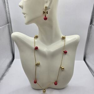 VTG Avon Jungle Bells Necklace & Earrings Red and Goldtone